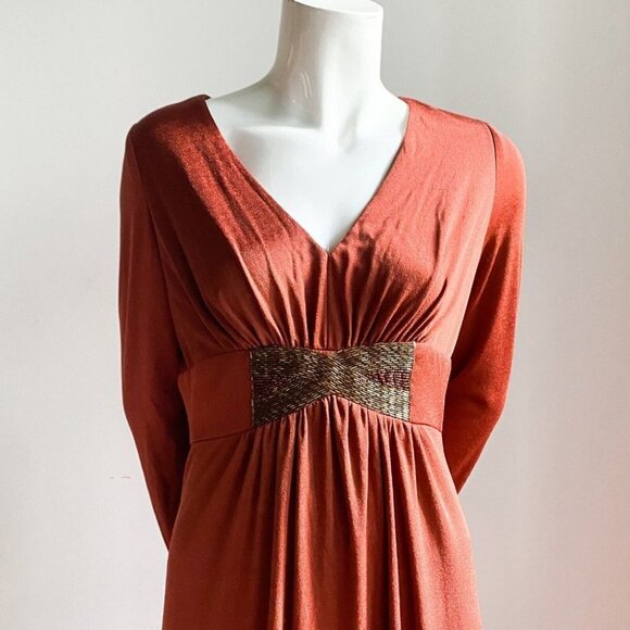 Vintage Copper Brown Slinky Polyester Beaded Empire Waist Elegant Maxi Dress - Picture 2 of 5